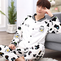 Mens pajamas long sleeve coral velvet spring and autumn cartoon youth students flannel home clothing set autumn and winter