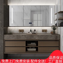  Modern rock board integrated double basin sink Simple bathroom sink Light luxury smart mirror Solid wood bathroom cabinet combination