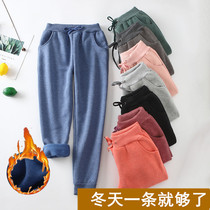 Autumn and winter fleece plus velvet padded pants womens casual sweatpants small feet loose size warm cotton pants womens pants