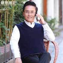 Middle-aged and elderly mens pure wool vest V-collar father Old Man vest sleeveless waistband knitwear autumn winter horse clip
