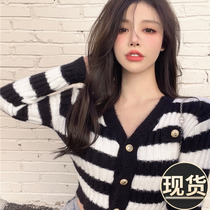ader autumn and winter short v-neck black and white striped sweater cardigan sweater feminine temperament slim long-sleeved jacket top