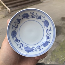 Jingdezhen blue and white state-owned porcelain factory 80 s blue and white entanglotus pattern soy sauce dish bag old bag true diameter 9cm
