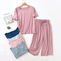 Loose style hanging Mordale short sleeve wide leg Capri pants set female summer thin size outside wear home two-piece set