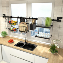 Black kitchen drain bowl rack Stainless steel windowsill shelf Window above sink Wall-mounted storage rack free of holes