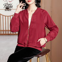 Red silk jacket female short section spring and autumn new long-sleeved loose large size baseball uniform middle-aged mother jacket female