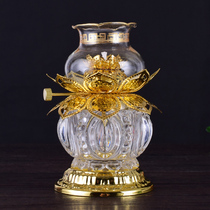 There is a Buddha with windproof dimming glass oil lamp for the Buddha before the Guanyin liquid butter lamp Buddha Hall Changming offering lamp