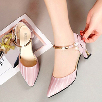 2022 summer one-word belt bag heel sandals mid-heel hollow pointed single shoes mid-heel French girl high-heeled shoes women