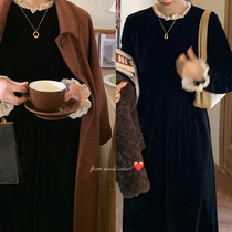 EKOOL custom lace stitching velvet dress womens autumn waist thin black skirt long base skirt