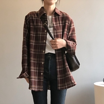 Fold over plaid shirt womens retro Hong Kong flavor long-sleeved base shirt fashion Western style loose student shirt jacket spring and autumn