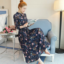 mularsa chiffon floral dress female spring and autumn Korean version of new pop elastic waist slim belly covered long