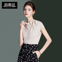 Haiqing blue collar bandage design sense niche all-match short-sleeved womens summer new thin section knitted T-shirt women