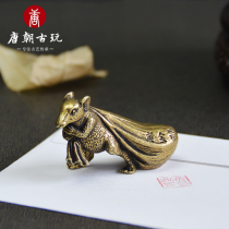 Antique antique bronze gold bag money mouse pure copper mouse ornaments press paper desktop decoration brass handle to play Collection