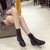 Tide brand 2021 autumn and winter New black patent leather chic Martin boots female English style bright leather flat heel ins short boots tide