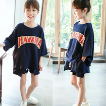 Girls suit 2022 summer new trendy foreign style Korean version of the big childrens cotton fashion sportswear two-piece trendy