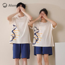 2 sets of price Couples pajamas women summer thin cotton mens crewneck summer casual loungewear set can be worn outside