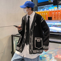 Retro knitwear coat mens ins Tide brand spring and autumn Japanese lazy wind cardigan sweater Korean version of the handsome coat
