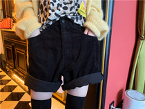 Special BORAKOO Korea East Gate Dai Qiu Qiu style Joker Single Product ~ Black Corduroy Taped Elastic Shorts