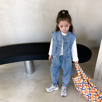 Childrens jeans suit 2021 Autumn Han version Mens and womens baby boy hit undershirt sleeveless horse chia three sets of foreign air