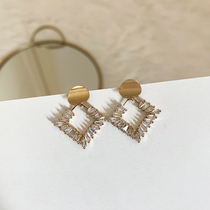 Simple commuter S925 silver pin square zircon hollow earrings fashion temperament niche design ins Korean earrings