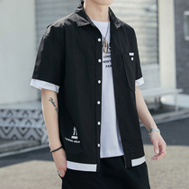 Port Wind Tooling Shirt Mens Day Ensemble Retro Korean Version Fall Short Sleeves 100 Hitch Students Print Lining Mens Fashion Trends