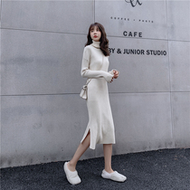 Knee-thin dress Autumn and winter Korean version of womens open-cut skirt with coat hip-wrap lazy wind mid-length dress