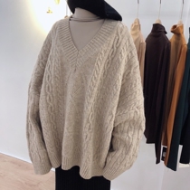 Lolora lazy rabbit velvet sweater female Spring and Autumn New loose Korean version thin V-neck pullover long sweater
