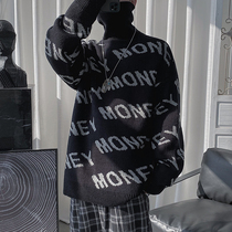 Port Wind Letter Printed Teenager High Collar Sweater Male Trend Jacket Head Autumn Winter Paragraph Outside Wearing Handsome Air-Knitted Sweatshirt Black