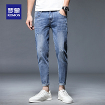 Luo Meng spring and summer new jeans mens Tide brand Korean version of slim feet casual nine holes long pants trend