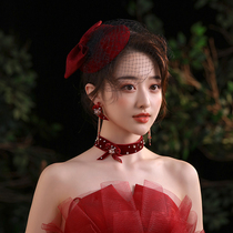 Mengyao Korean toast wine red French bow flannel top hat female rhinestone neck chain earrings bride accessories