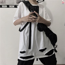 Long sleeve T-shirt male country tide ins irregular hem hole high street solid color base shirt with loose hip hop top