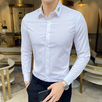 Fugui bird mens high-end long-sleeved white shirt Korean casual business dress embroidery slim shirt Spring and Autumn Tide