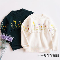 Outside single out Korea ~ pure cotton thread half high collar 90-130 girls spring and Autumn pullover embroidered small flower beanie sweater