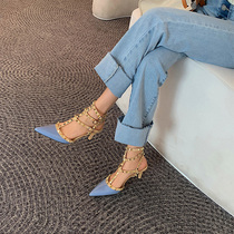 Baotou is lined with sandal women 2022 New summer and American paint leather rivets Roman fine heel high heel pointed single shoes
