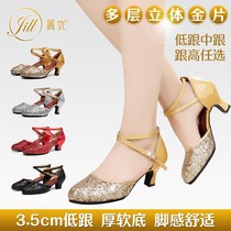 Young Brilliant Shiny Latin Dancing Shoes Lady Adults Low Heel Heels with Four Seasons Dance Shoes Modenplatz