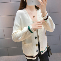 2021 autumn new sweater womens loose Korean pocket V-neck long-sleeved outer knitted cardigan jacket womens spring and autumn
