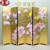  Magnolia flower and bird hand-painted mural screen partition solid wood entrance Modern Chinese hotel painted background wall decorative painting