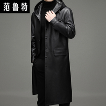 Autumn Winter Hainen genuine leather mens soft leather clothes mens head layer of cow leather plus suede thickened cow leather long style with kneecap and hat windsuit