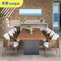 Outdoor table and chair courtyard villa outdoor garden waterproof anti-corrosion solid wood terrace teak long table rattan leisure rattan chair