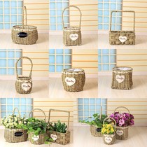 Pastoral portable bamboo basket flower pot hanging blue decorative flower ornaments straw basket hanging wall small basket flower basket style decoration