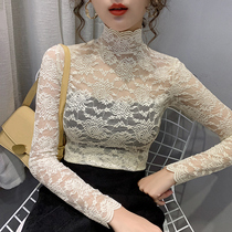 Spring and autumn new womens dress sexy hollowed-out lace jersey woman high collar hitch-bottom and bottom-shirt mesh-yarn perspective blouses
