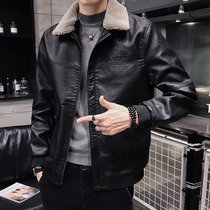 Leather mens lamb wool collar coat autumn and winter trend handsome velvet thickened 2020 new leather jacket mens clothing