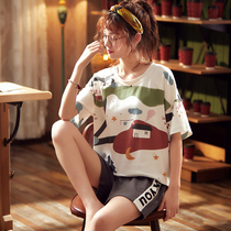 Pajamas female summer 2021 New Korean version of loose size short sleeve cotton home clothing student suit can be worn outside