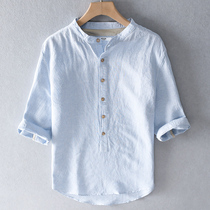 Linen short sleeve mens seven-point sleeve shirt summer trend half sleeve cotton linen shirt mens casual clothes