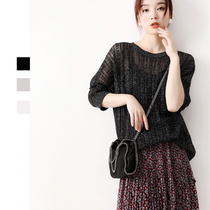 Japanese womens cool and comfortable with 18% silk hollow hollow embedded shiny silk mix type loose linen sweater