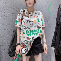 Cotton printed T-shirt womens 2021 spring and summer new net red mid-length short-sleeved top Korean loose thin t-shirt