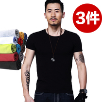 3-piece short sleeve T-shirt mens summer round neck tight stretch cotton mens body shirt slim half sleeve solid color base