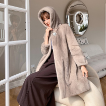 Mink leather Grand coat Female whole mink 2021 Winter new imported velvet Velvet Fur Fur Fur Fur Coat Medium Long with cap