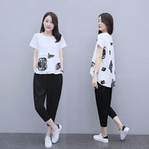 Set 2021 new womens summer fashion casual loose belly belly toned T-shirt Haren pants cotton linen two-piece set