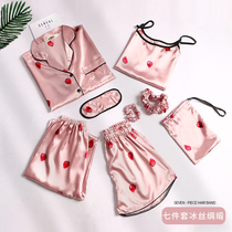  Pajamas womens summer ice silk seven-piece suit simulation silk sexy thin suspenders spring and autumn long sleeve home service suit