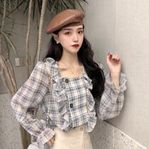 2022 Summer New Cover Tummy Snowspun Shirt Foreign Air Long Sleeve Plaid Shirt Woman Design Sensation Niche Fashion Blouse